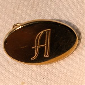 Vintage Oval Tie Tac Pin Engraved Letter "A"  Gold Tone